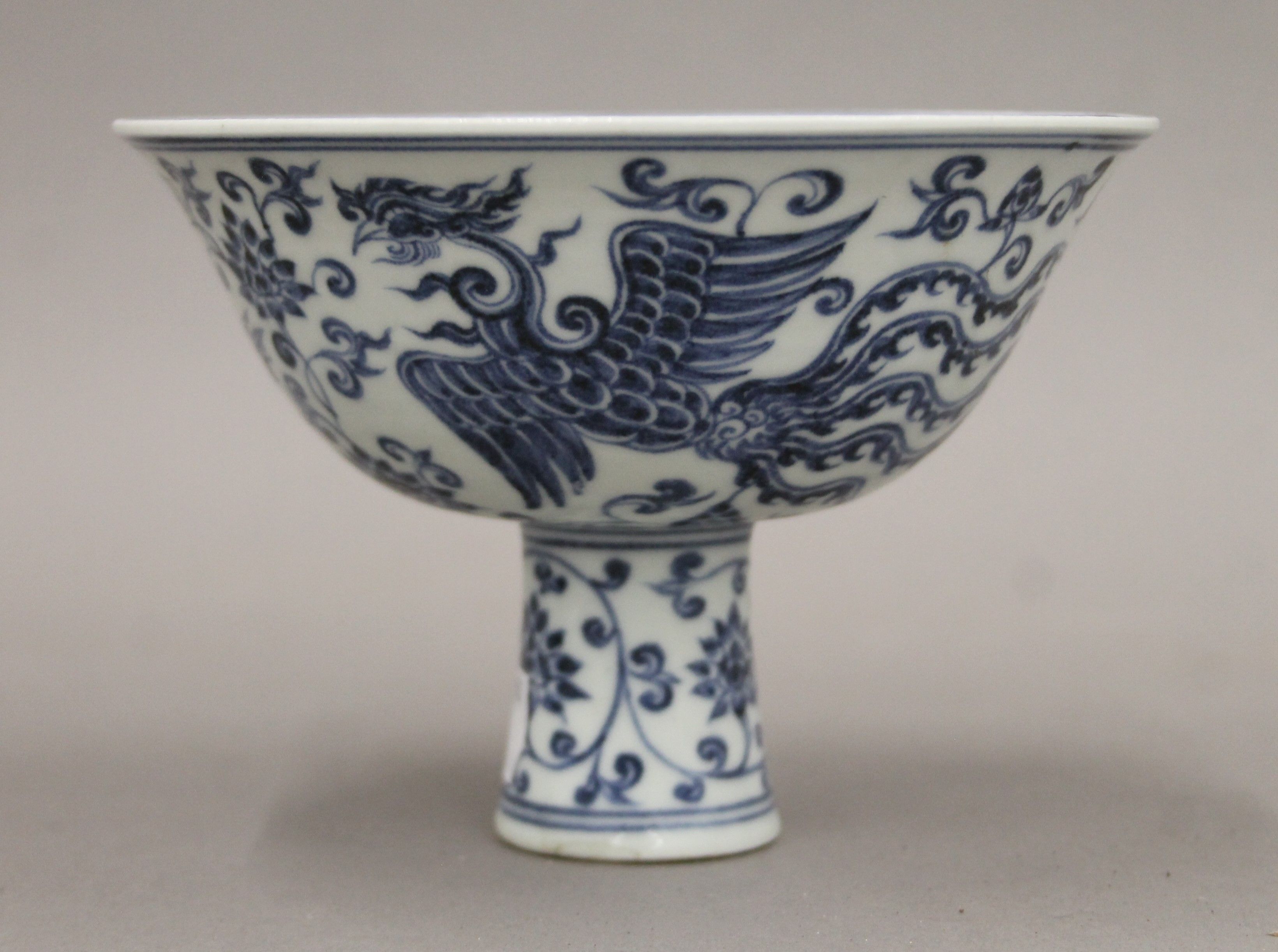 A Chinese blue and white stem cup. 10 cm high. - Image 2 of 5