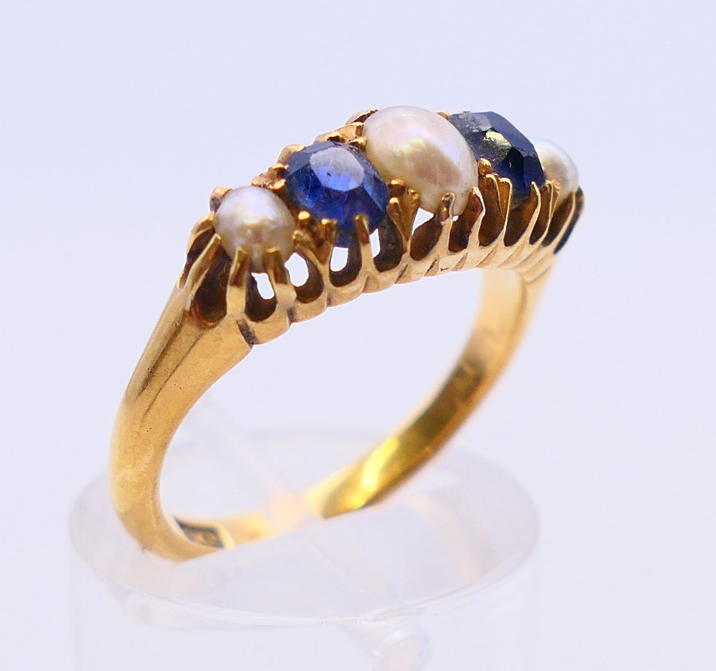 An 18 ct gold, seed pearl and sapphire ring. Ring size N. - Image 3 of 7