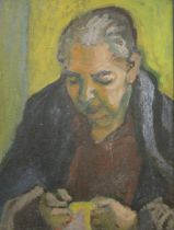 Woman Darning a Sock, oil on canvas, framed. 18.5 x 24 cm.