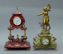 A 19th century onyx and spelter clock and a porcelain clock. The former 58 cm high.