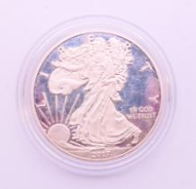 A 2017 USA 1 ounce fine silver one dollar coin, cased.