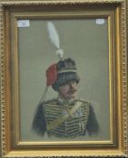 A late 19th/early 20th century watercolour and gouache portrait of a cavalry soldier in full