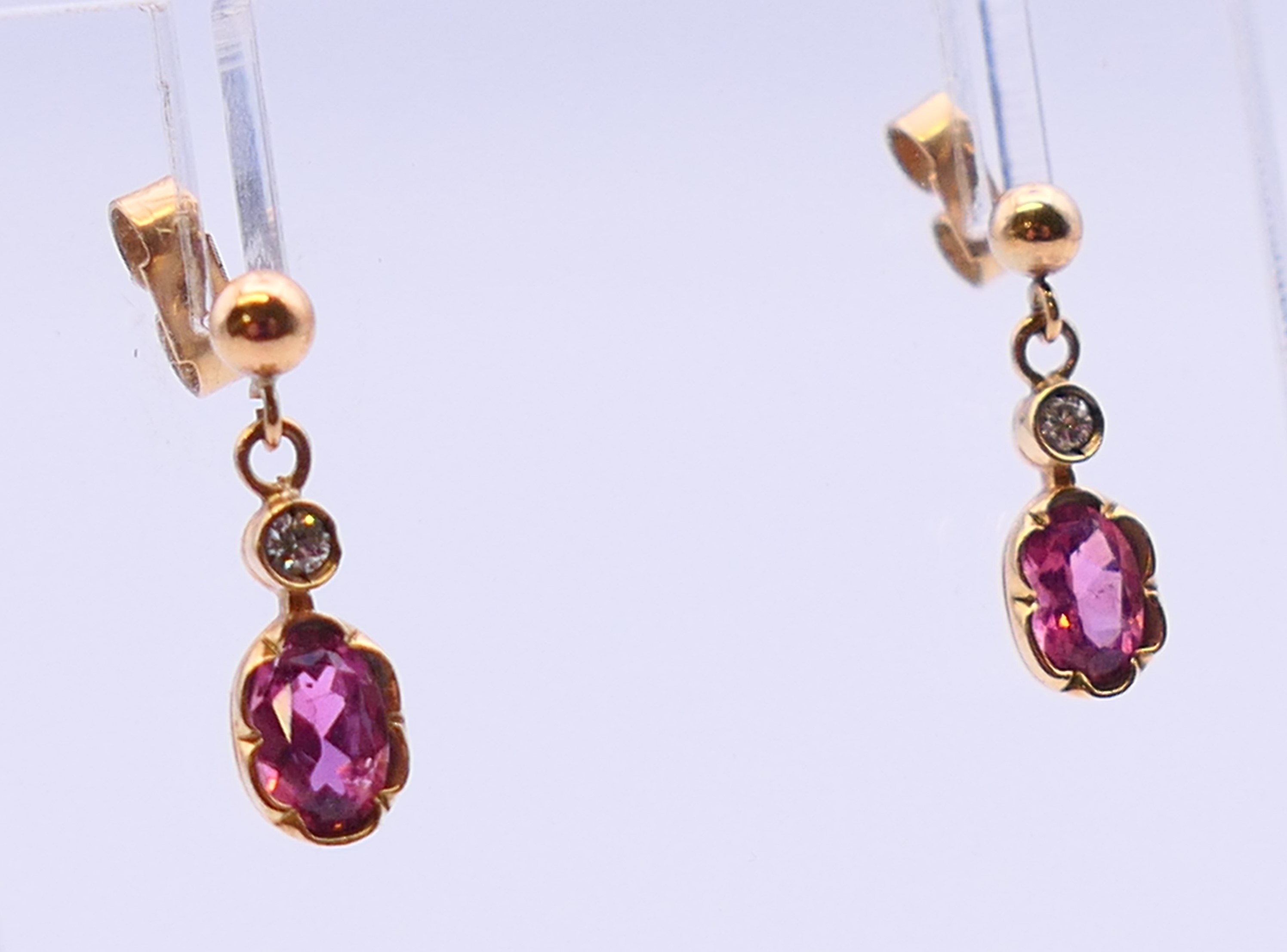 A pair of 9 ct gold oval pink gem earrings (believed to be tourmaline) with brilliant cut diamond. - Image 2 of 4
