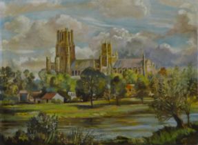 Ely Cathedral, 1959, oil on board, indistinctly signed. 40.5 x 30.5 cm.