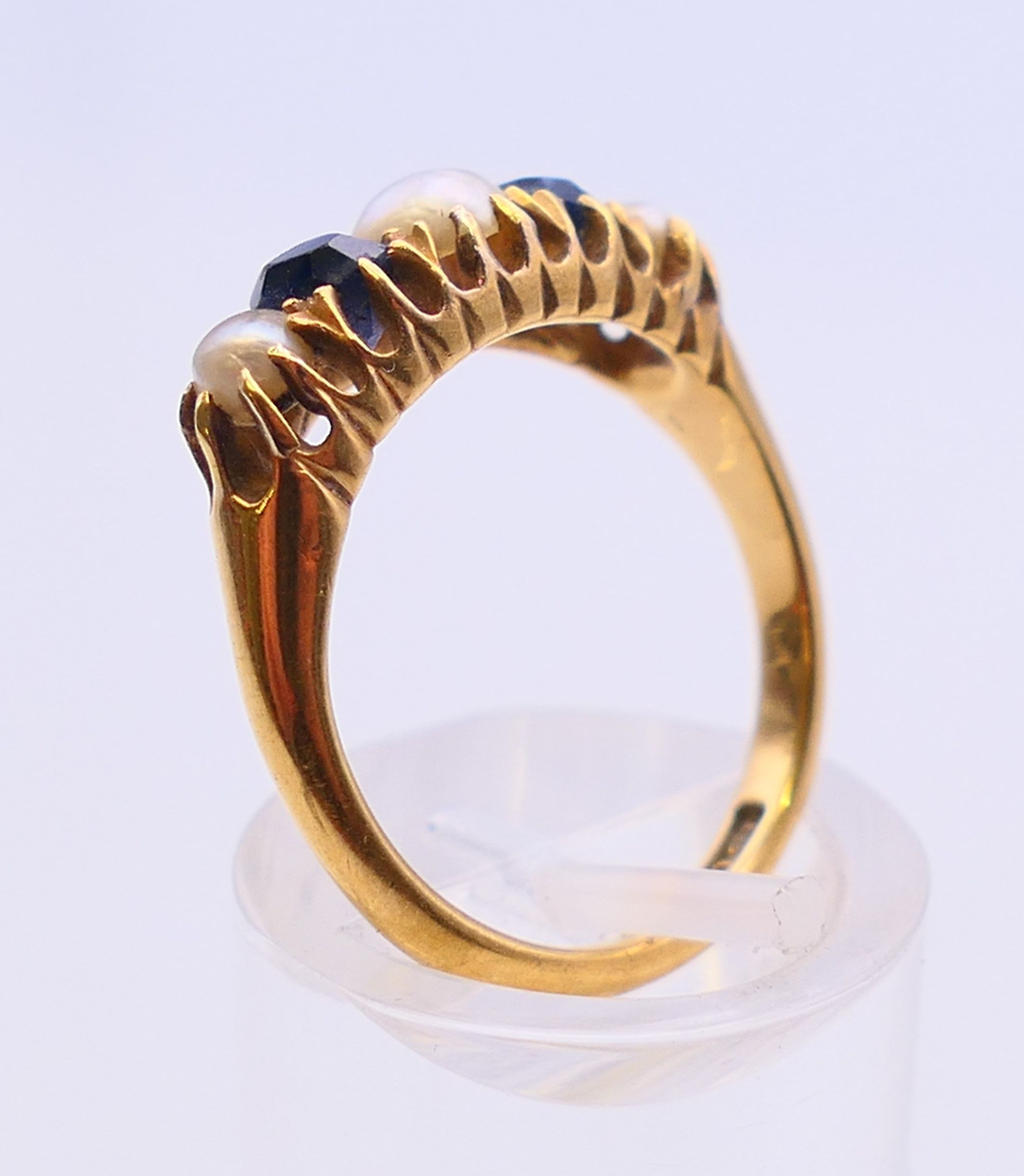 An 18 ct gold, seed pearl and sapphire ring. Ring size N. - Image 5 of 7