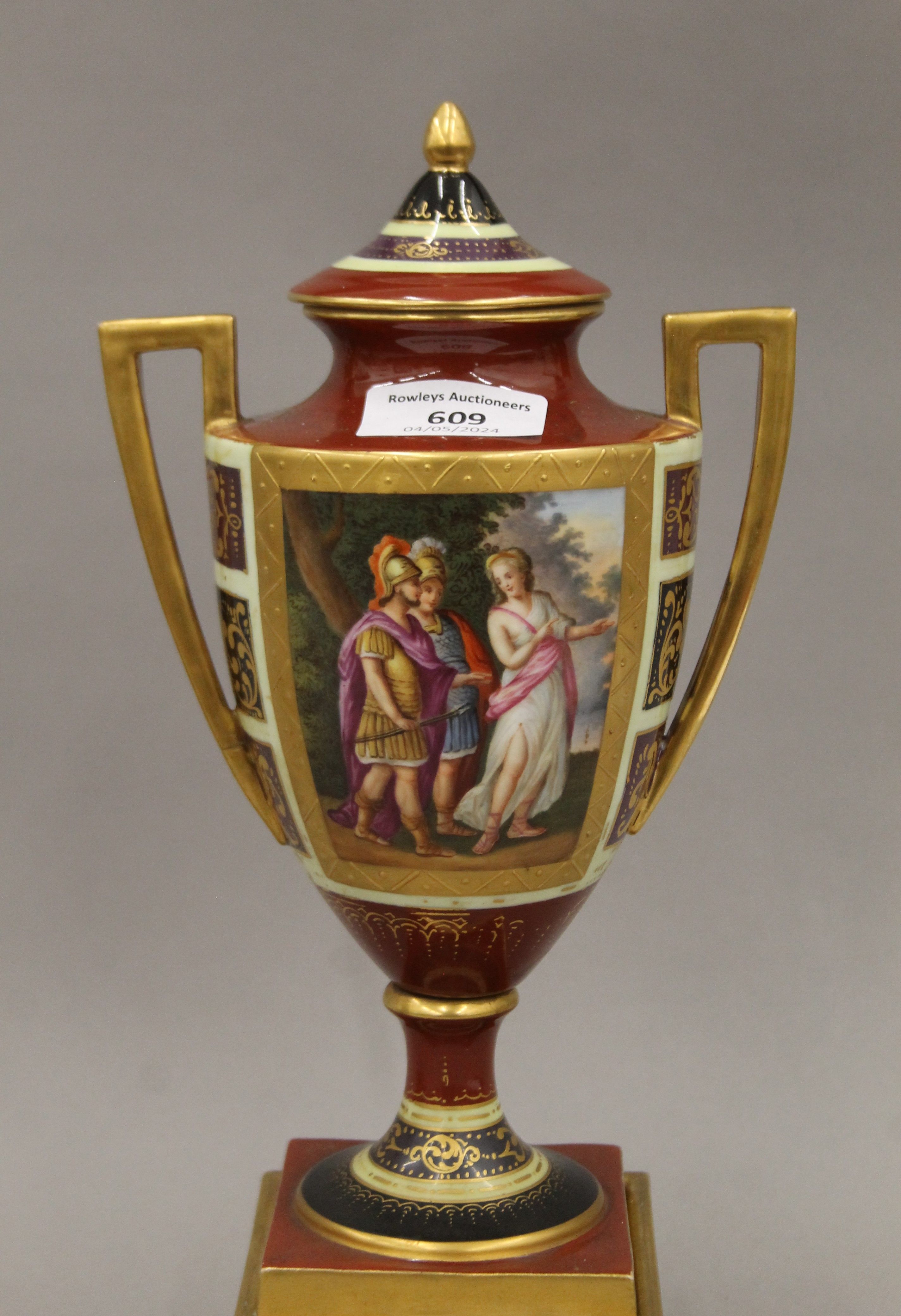 A pair of Vienna porcelain lidded vases on stands. 32 cm high. - Image 3 of 11