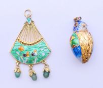 Two Chinese silver and enamel pendants. 4 cm high and 3 cm high.