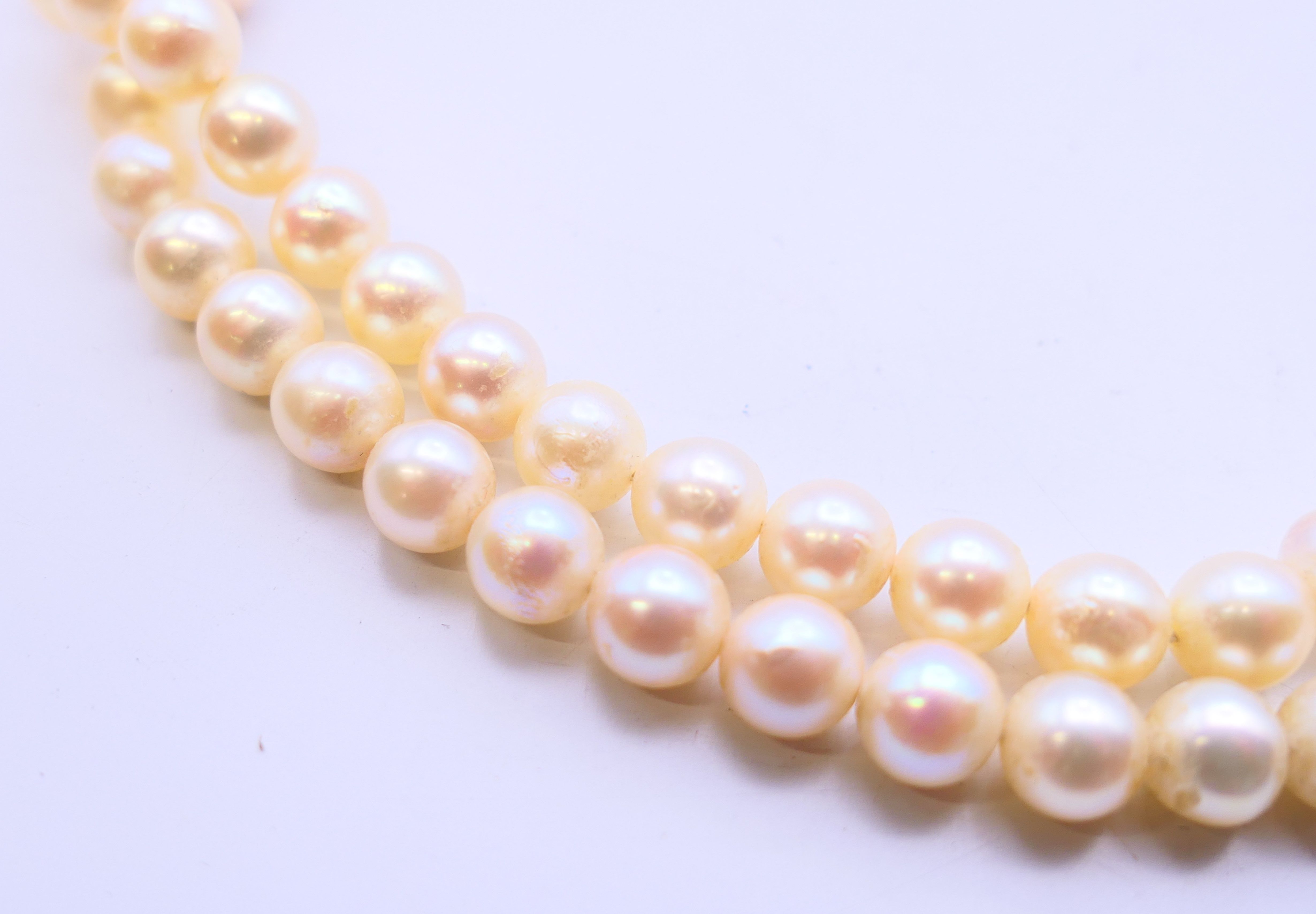 A 9 ct gold clasp pearl necklace and a pair of gold pearl earrings. Necklace 44 cm long. - Image 8 of 9