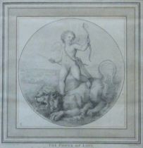 An 18th century Romantic engraving entitled The Power of Love, eglomise mount and ornate frame.
