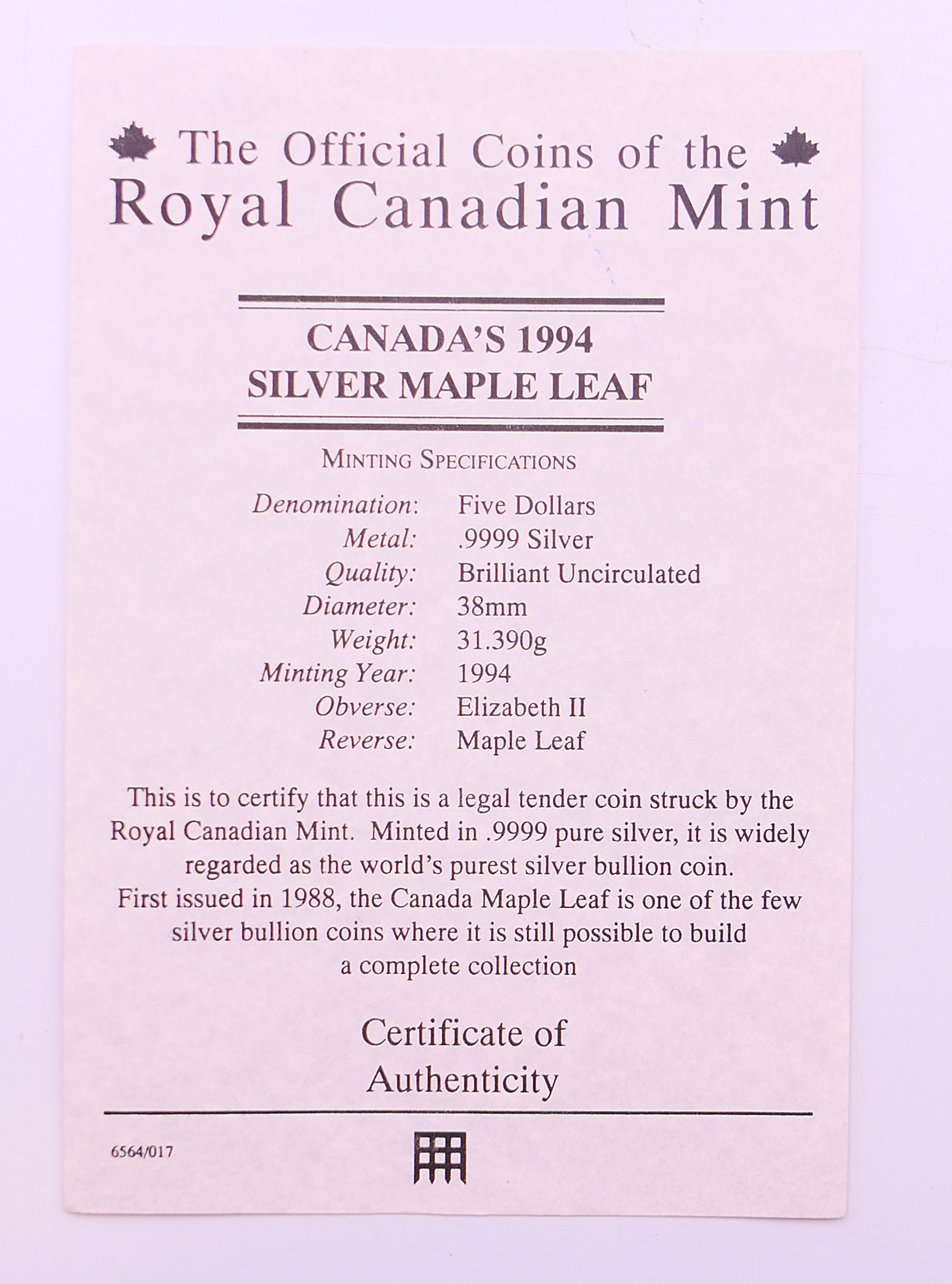 A 1994 Canada silver maple leaf 5 dollar coin, with certificate of authenticity. - Image 6 of 6