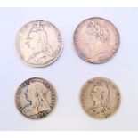 Four silver coins - one George IIII dated 1822, the others Queen Victoria .