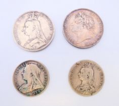 Four silver coins - one George IIII dated 1822, the others Queen Victoria .