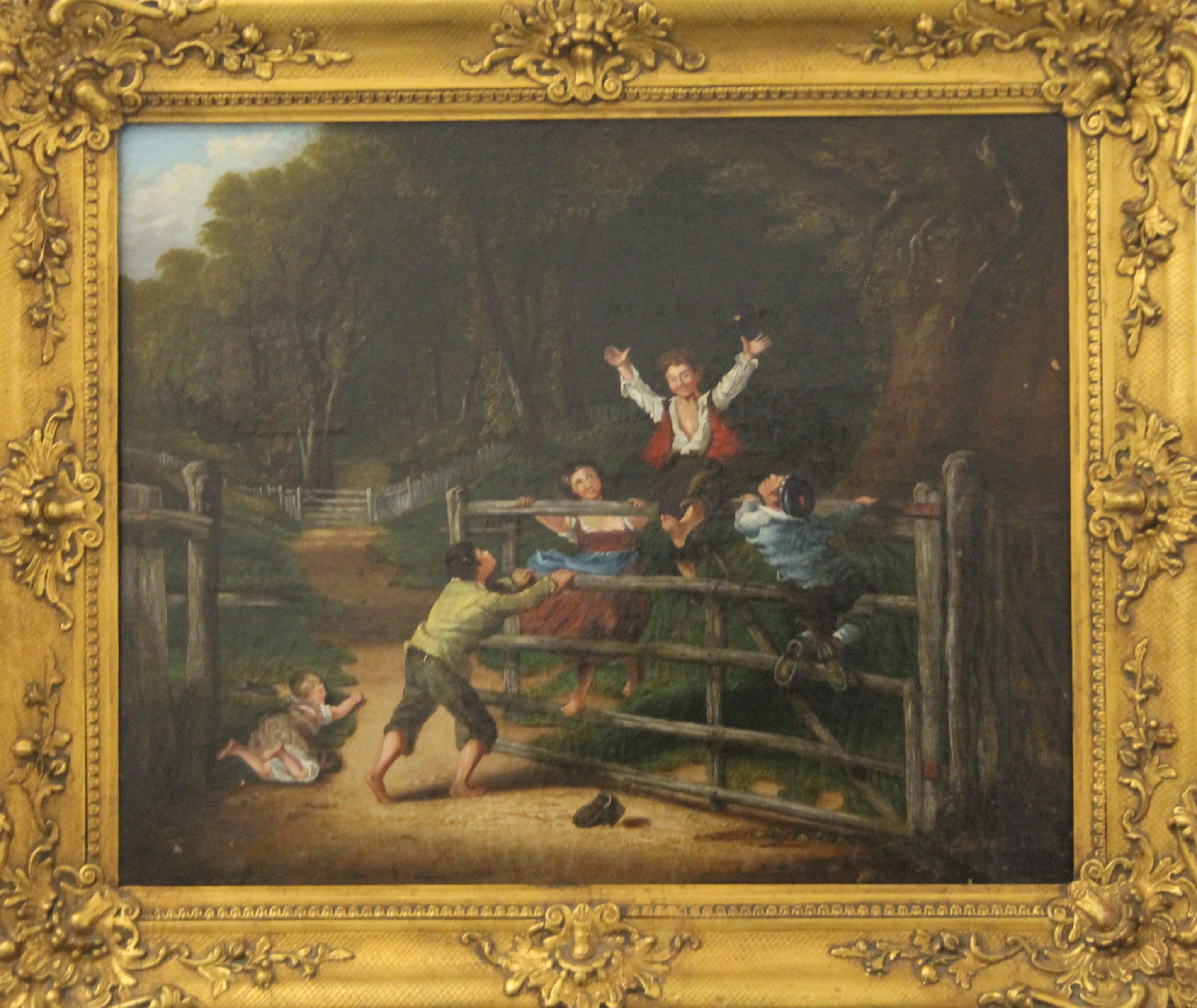 19th CENTURY SCHOOL, Children Playing on a Gate, oil on canvas, framed. 52 x 42 cm. - Bild 2 aus 5
