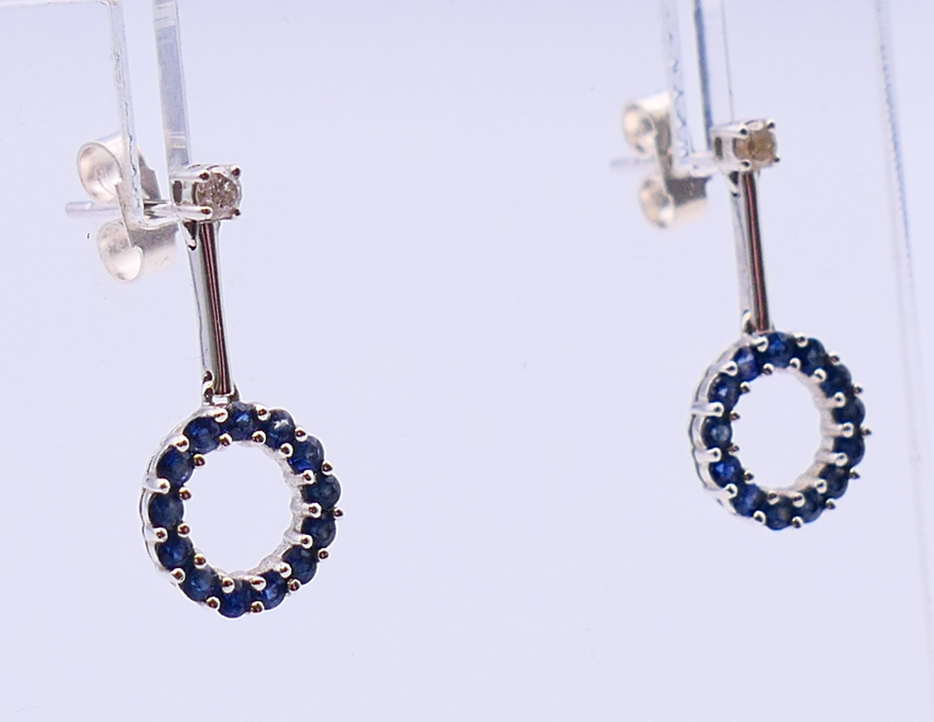 A pair of 18 ct white gold, diamond and sapphire drop earrings. 2 cm high. - Image 2 of 6