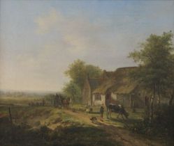 19th CENTURY SCHOOL, Farm Scene, oil on canvas, framed. 52.5 cm x 44.5 cm.