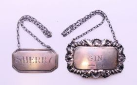 Two silver decanter labels, one for GIN, the other SHERRY. Gin label 6 cm x 4 cm, Sherry 4.
