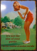 A comical tin golf sign. 50 x 70 cm.