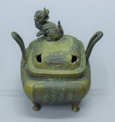 A small square lidded do-of-fo and calligraphy bronze censer. 14 cm high.