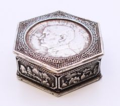 A Chinese white metal coin box. 5.5 cm x 5 cm.