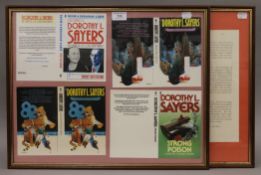 Four original Dorothy L Sayers book cover prints etc, framed and glazed. 53 x 43 cm overall.