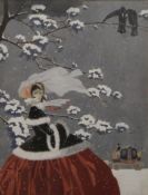 STANISLAUS SOUTTERN LONGLEY, Woman in Snow with Carriage Beyond, watercolour and gouache, signed,