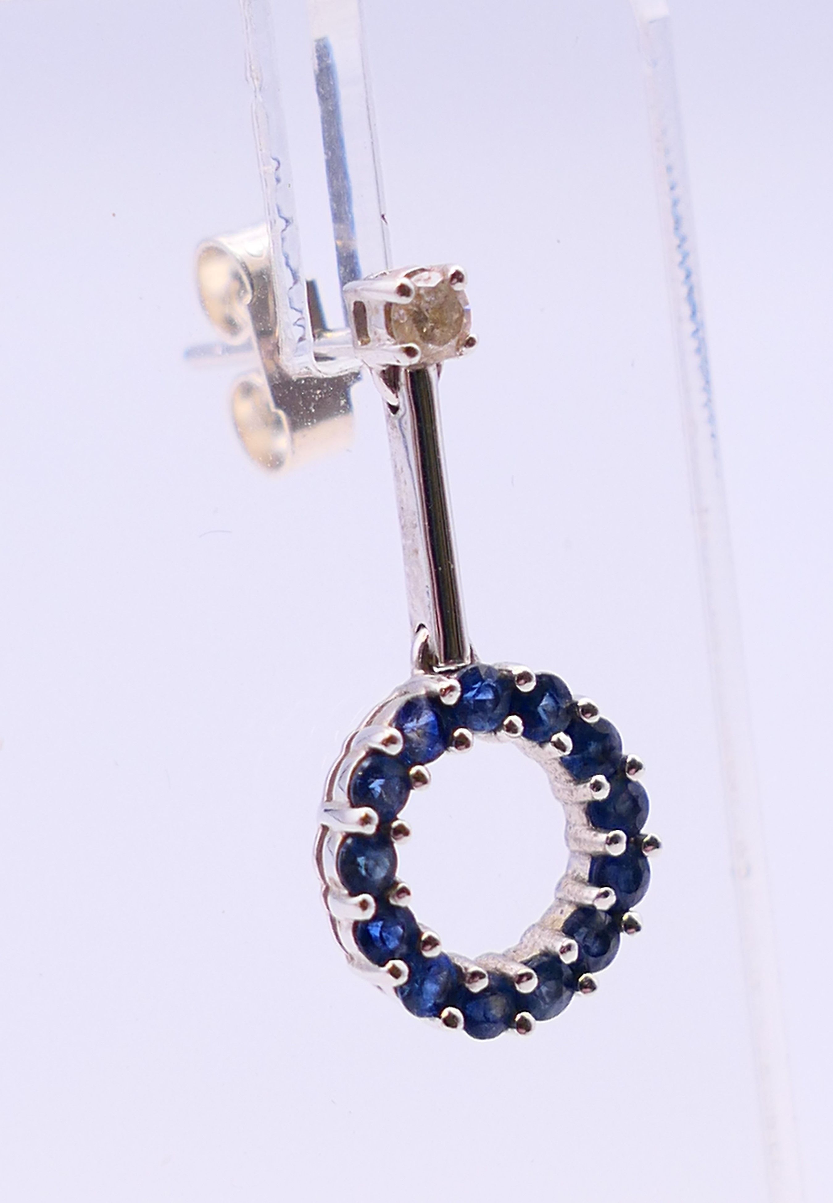 A pair of 18 ct white gold, diamond and sapphire drop earrings. 2 cm high. - Image 3 of 6