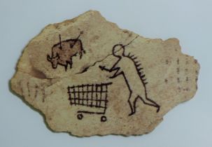 BANKSY, British (AR) Peckham Shopping Trolley, print on wood. 12 x 15 cm.