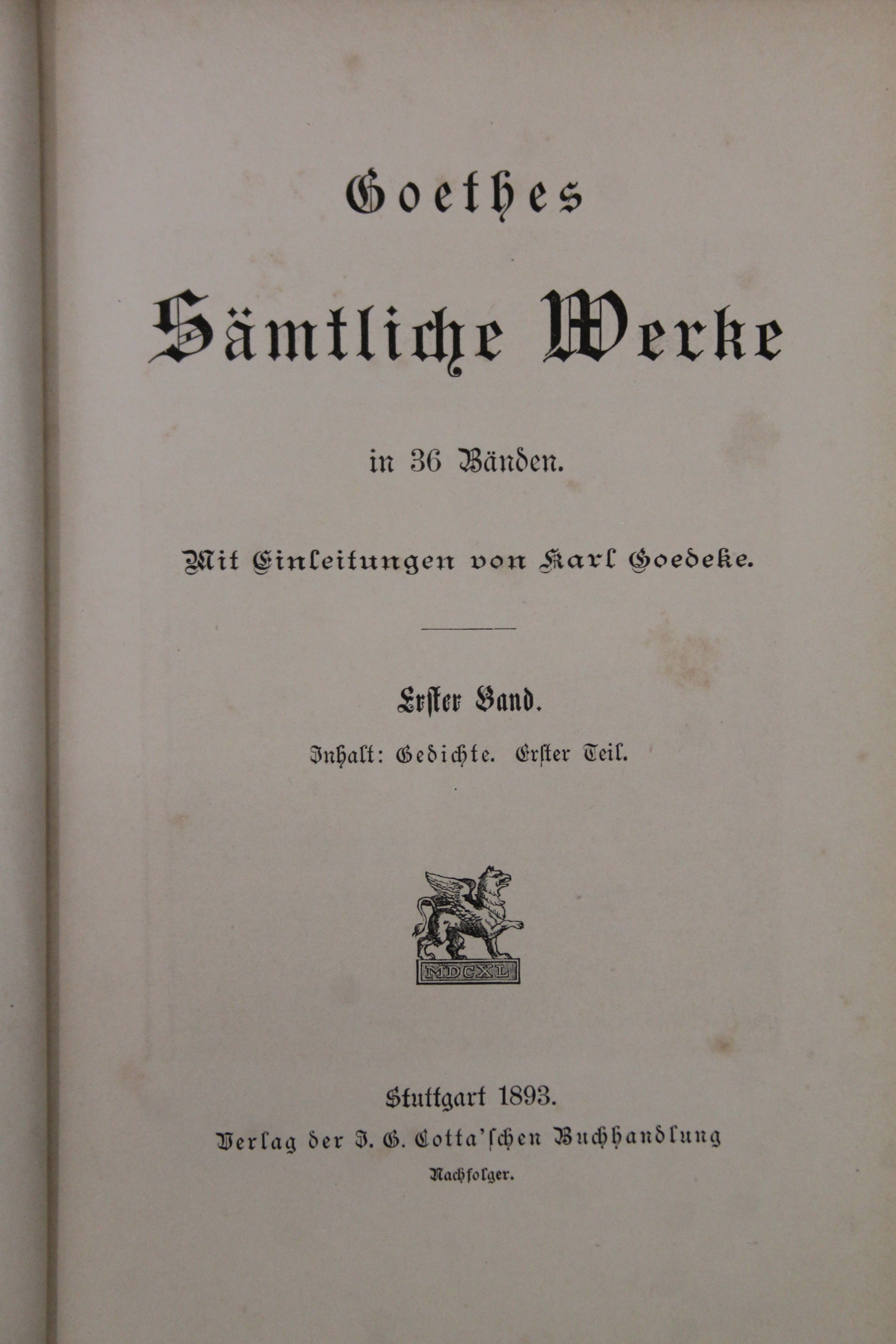 Goethe (J W), Samtliche Werke, 36 vols, original half cloth, marbled boards, Stuttgart, 1893. - Image 8 of 11