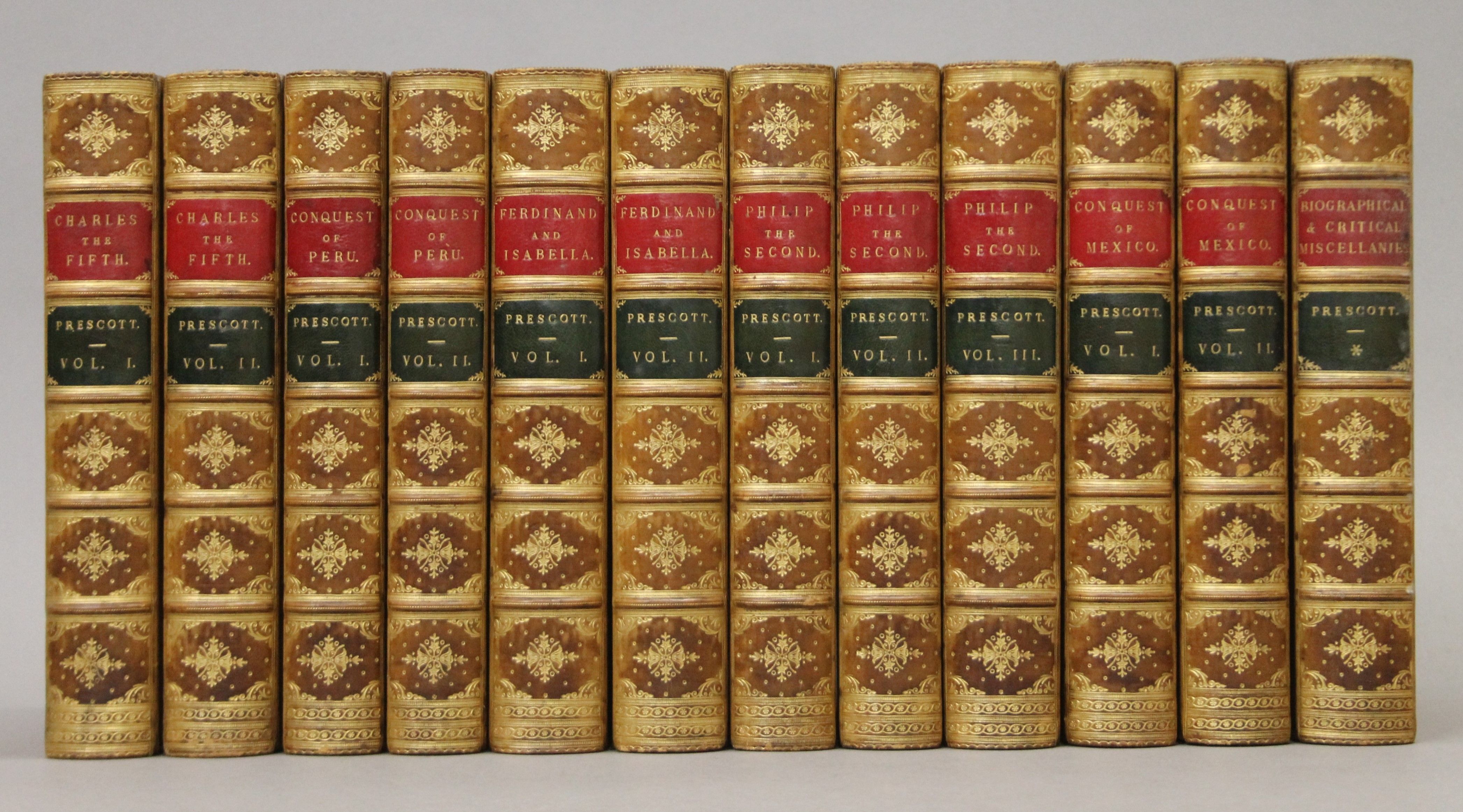 Prescott (William H), Works, 12 vols, finely bound in full brown calf, red and green labels,