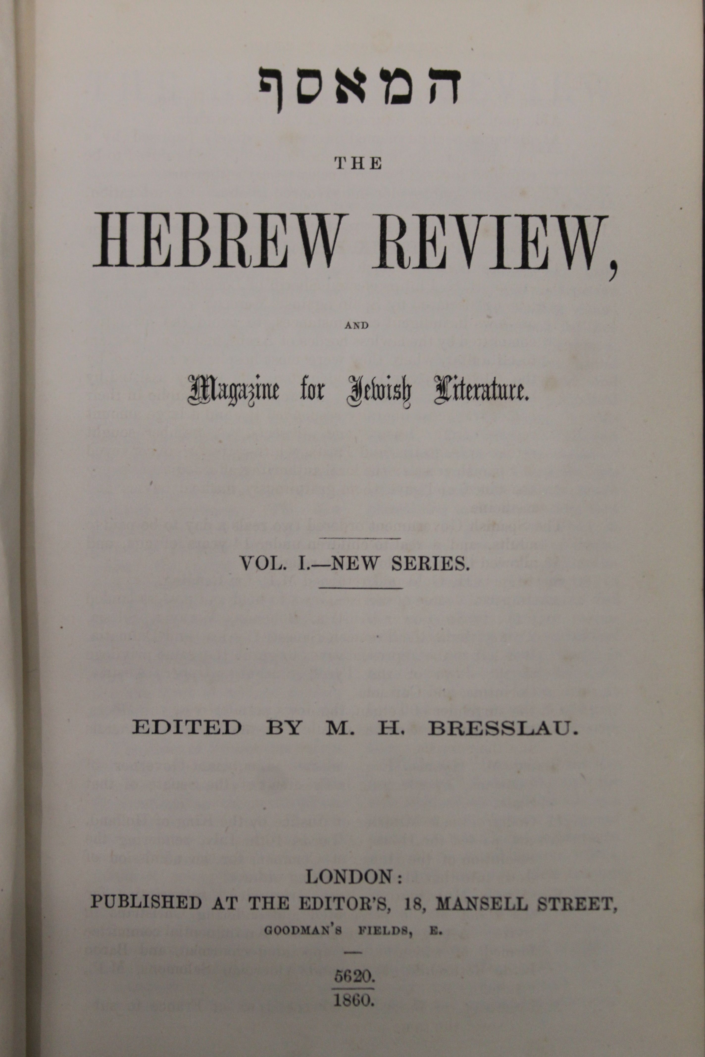 Bresslau (M H), The Hebrew Review and Magazine for Jewish Literature, New Series, vol 1, nos. - Image 5 of 25