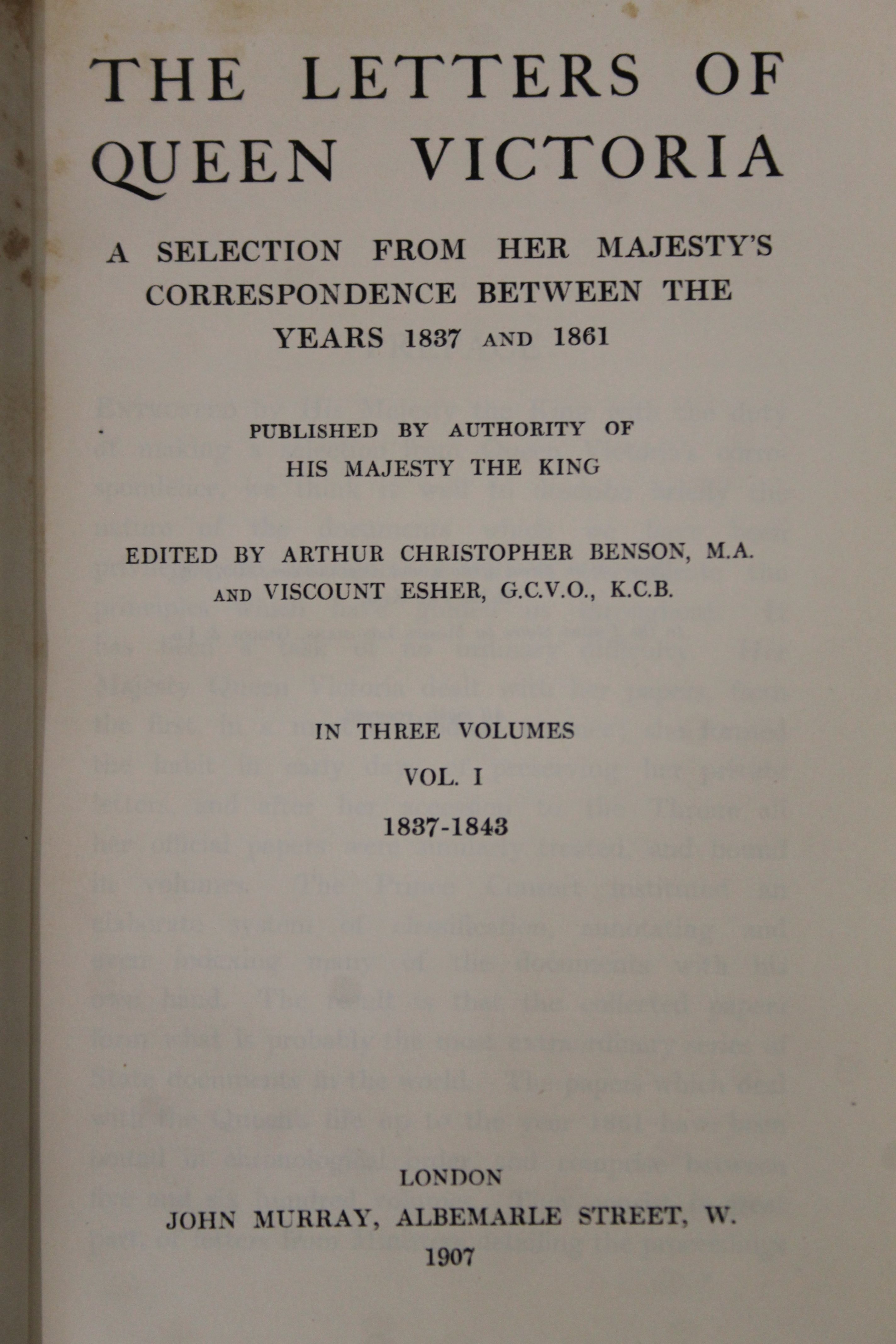 Victoria (Queen), Letters Between the Years 1837 to 1861, edited by A C Benson and Viscount Esher, - Image 6 of 32