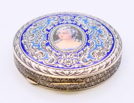 A Continental silver and enamel compact with a portrait of a lady. 70.6 grammes total weight.