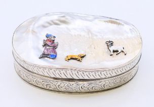 A Continental silver and mother-of-pearl box decorated with enamel figures.