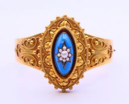 A Victorian boxed unmarked (tests as 14/15 ct gold) seed pearl and enamel bracelet. 5.