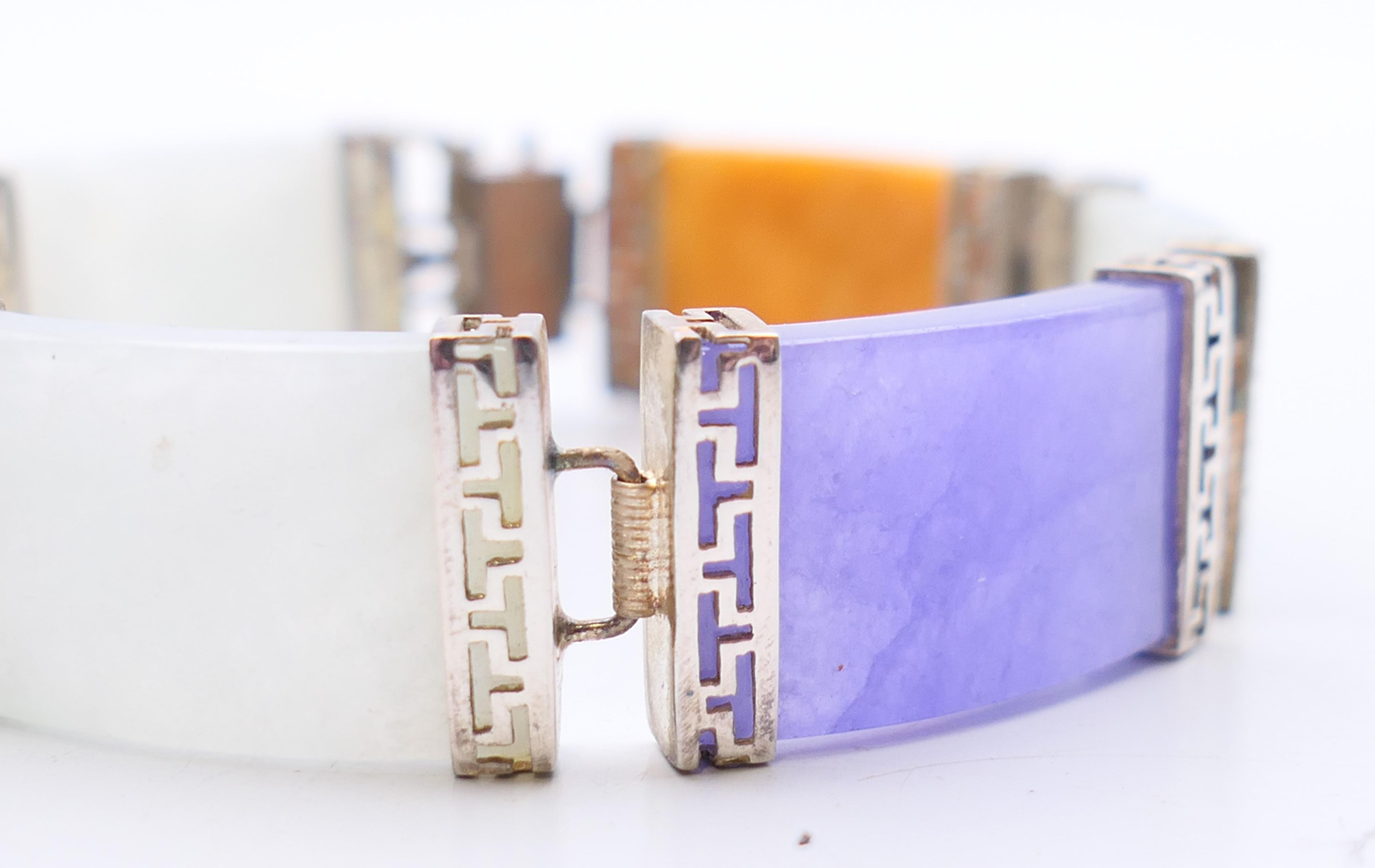 A Chinese multi-coloured jade bracelet set in silver. 18 cm long. - Image 2 of 6