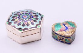 Two silver and enamel boxes. The largest 3.5 cm wide.