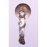 A Japanese silver spoon in the form of a Geisha with open parasol, circa 1900, signature to reverse.