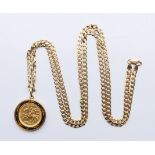 An Isle of Mann 1973 sovereign set in 9 ct gold enamelled circular frame on a 9 ct gold curb link