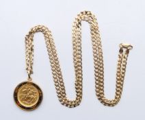 An Isle of Mann 1973 sovereign set in 9 ct gold enamelled circular frame on a 9 ct gold curb link