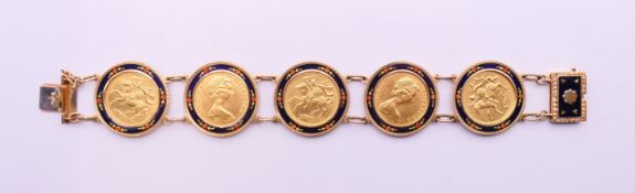 A 9 ct gold and enamel bracelet set with five 1974 Isle of Mann sovereigns. 20 cm long.