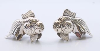 A pair of silver cruets in the form of goldfish, various silver marks. Each 6.