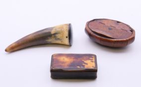 A burrwood snuff box, a horn and tortoiseshell snuff box and a horn snuff mull.