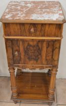 C20th French figured walnut bedside cabinet, with rouge marble top, frieze drawer and door with