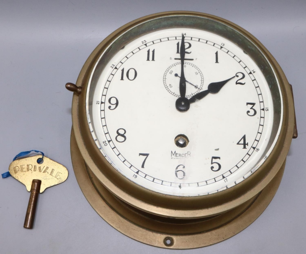 Mercer St. Albans, C20th brass bulkhead clock, named 6" cream painted Arabic dial with subsidiary