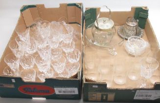 Assorted collection of glassware, inc. glasses, large bowl, silver plate lidded jar, etc. (2 boxes)