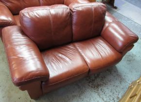 Modern brown leather two-seat sofa, on block feet, WS175cm D97cm H87cm