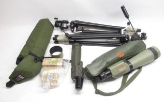 Kowa TSN-2 spotting scope with attachments, Charles Frank spotting scope, and two tripods