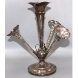 George V hallmarked silver epergne, central trumpet shaped flute with three similar waived edge