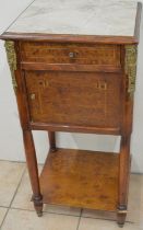 C20th French gilt metal mounted inlaid burr walnut bedside cabinet, with marble top, frieze drawer