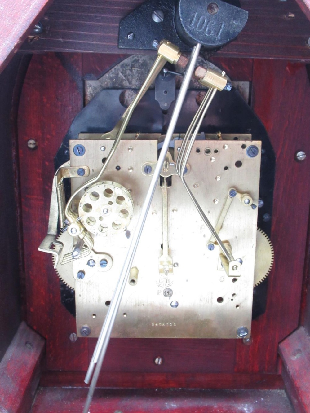 Gustav Becker - early C20th inlaid mahogany lancet cased chiming mantle clock on brass bun feet - Image 2 of 2